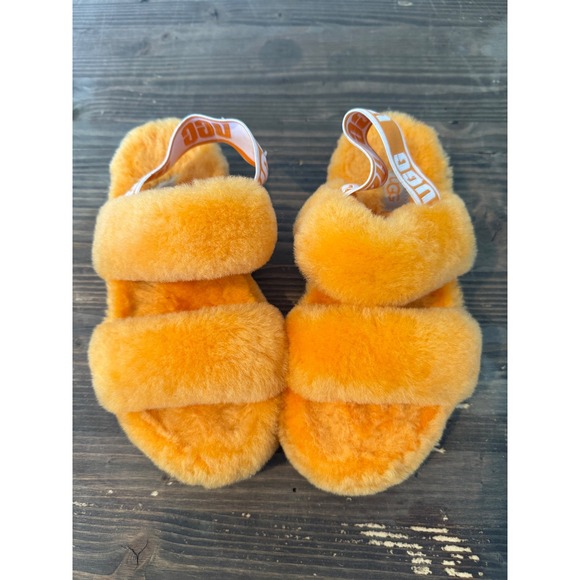 UGG Fluff Yeah Slide Sandals Womens Size 5 Orange Sheepskin Slingback Slippers - Picture 2 of 5